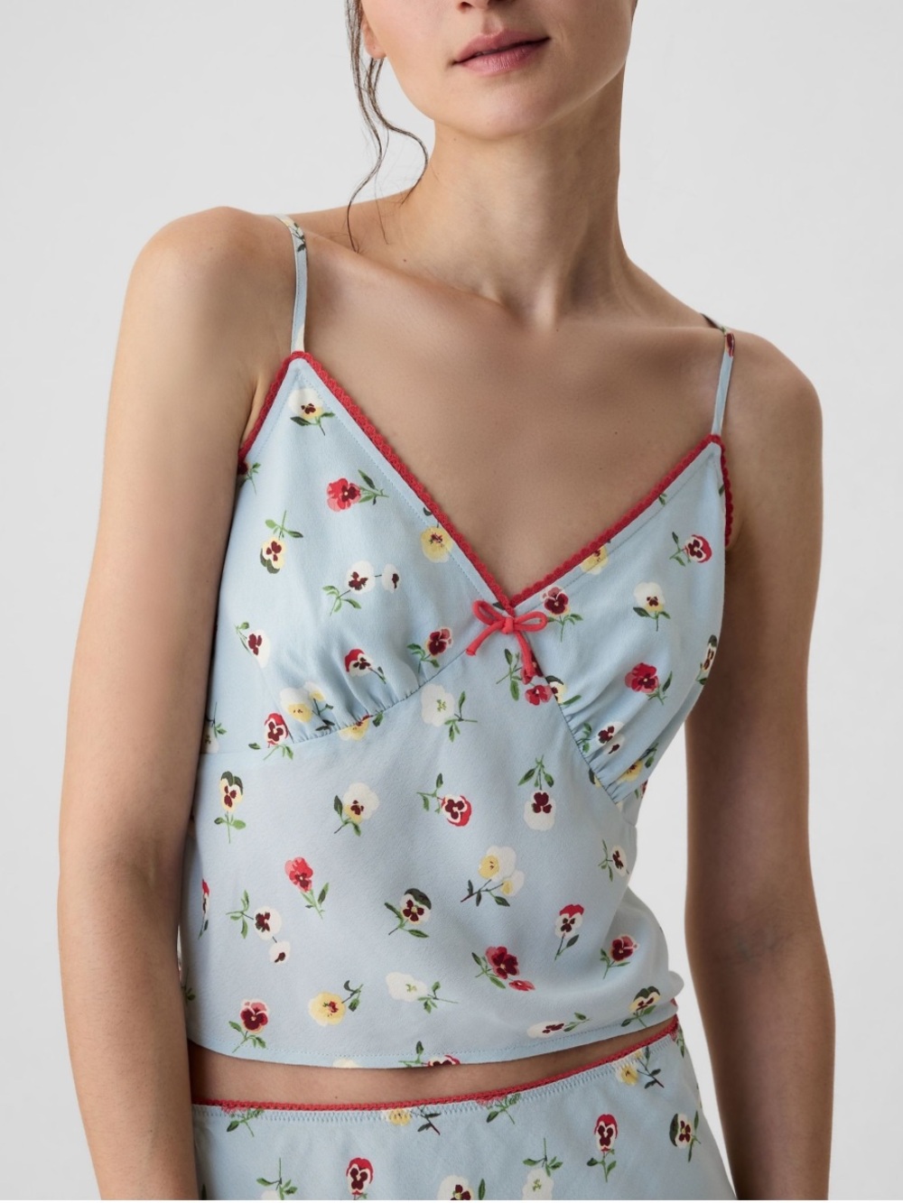 Gap x Dôen Light Blue Floral Camisole with Red Lace Trim size M